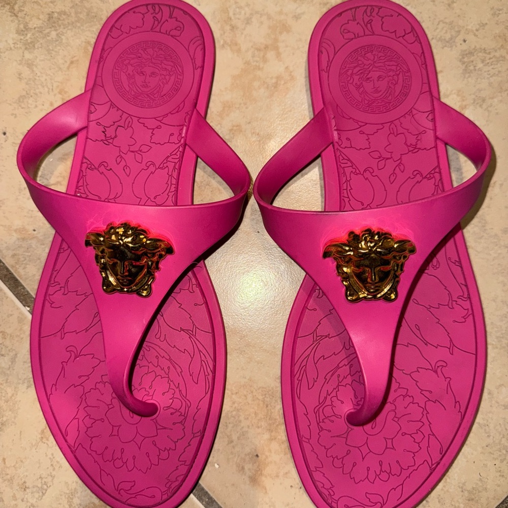 Versace Fuchsia Sandals with Gold Medusa Detail